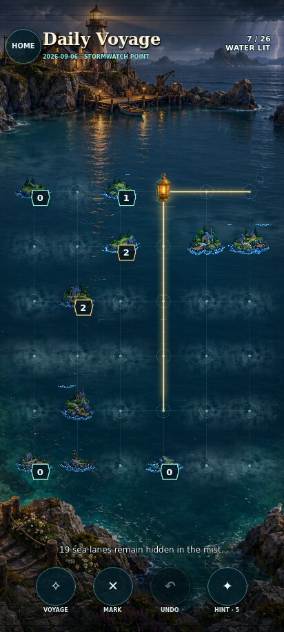 Guiding Isles Daily Voyage at Stormwatch Point, with a golden lantern lighting routes through a moonlit harbor