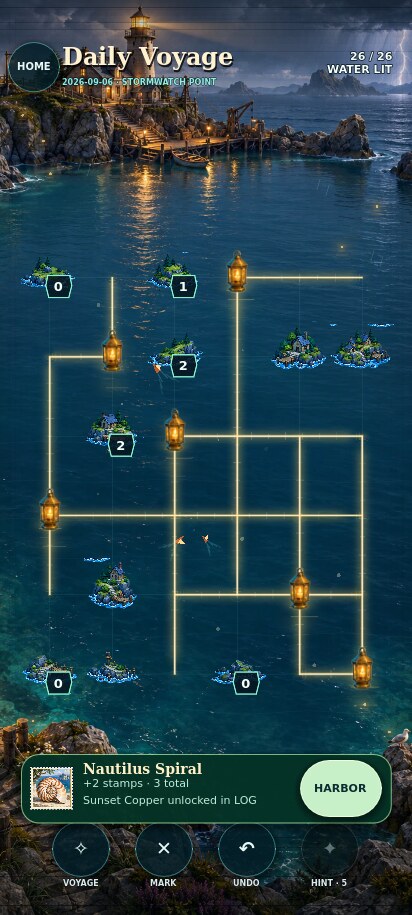A completed Guiding Isles daily puzzle with glowing lantern routes and an earned keepsake